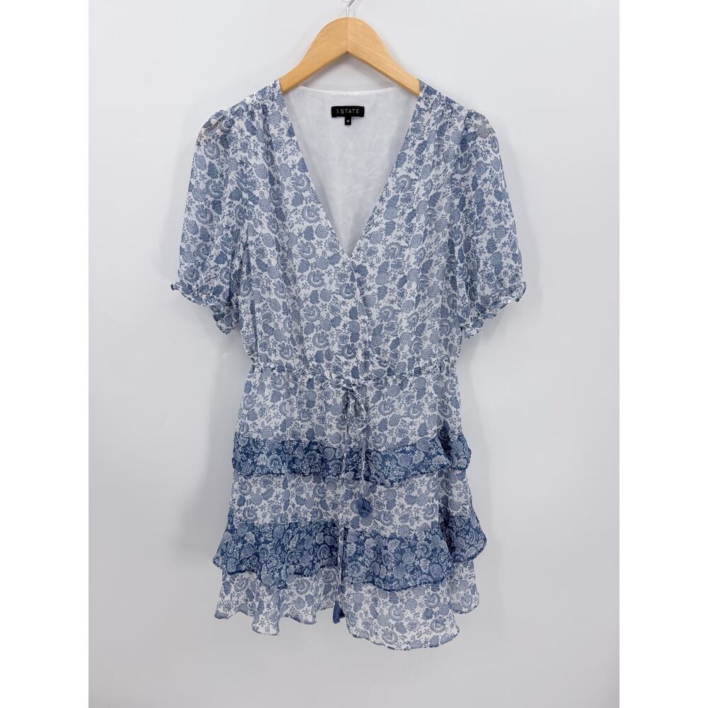 1.State Blue White Paisley Tiered Ruffle Mini Dress Puff Sleeve Tie Waist Medium - Picture 2 of 9
